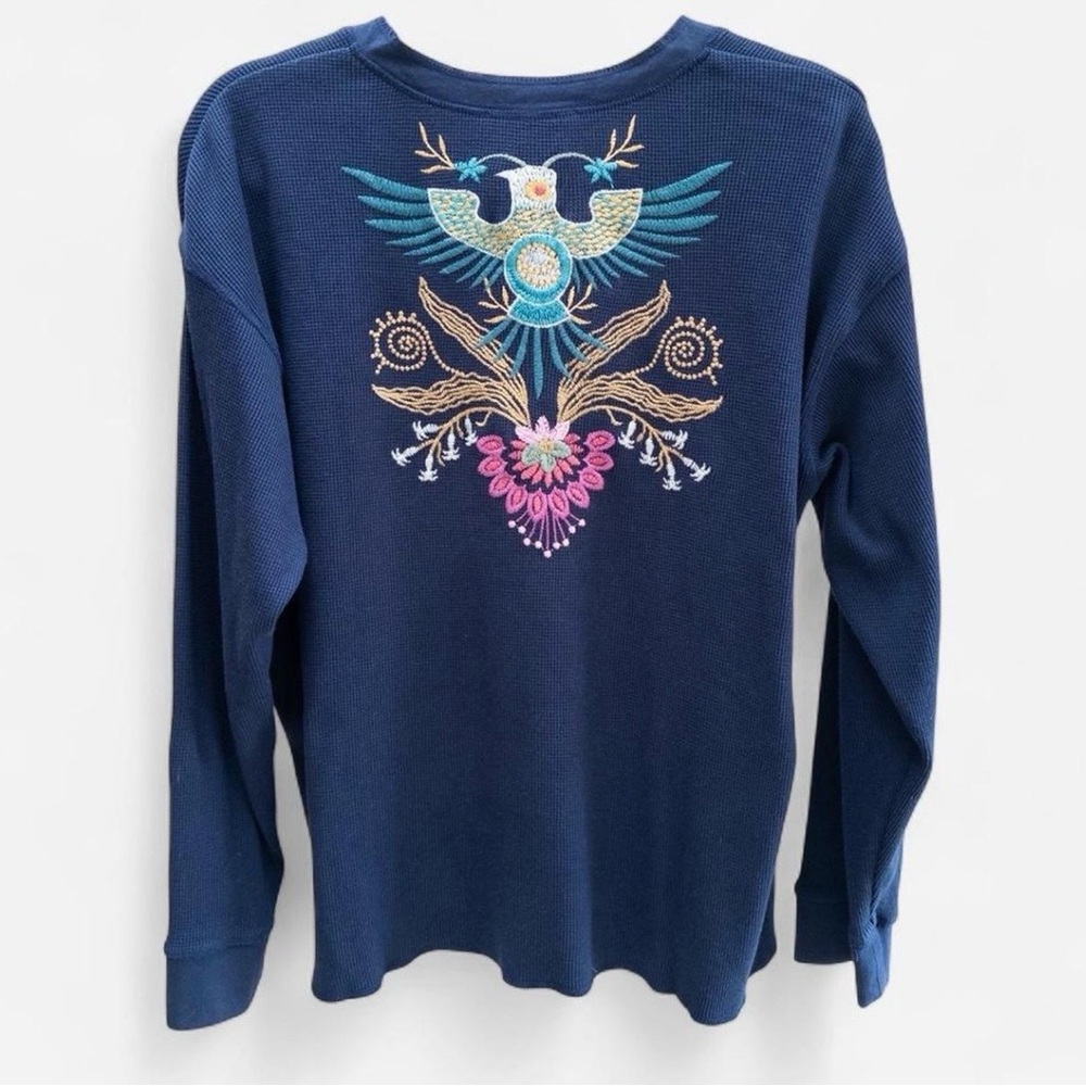 Johnny Was Sisa Navy Floral Embroidered Thermal Waffle Knit‎ Henley Top, XL - Picture 2 of 9